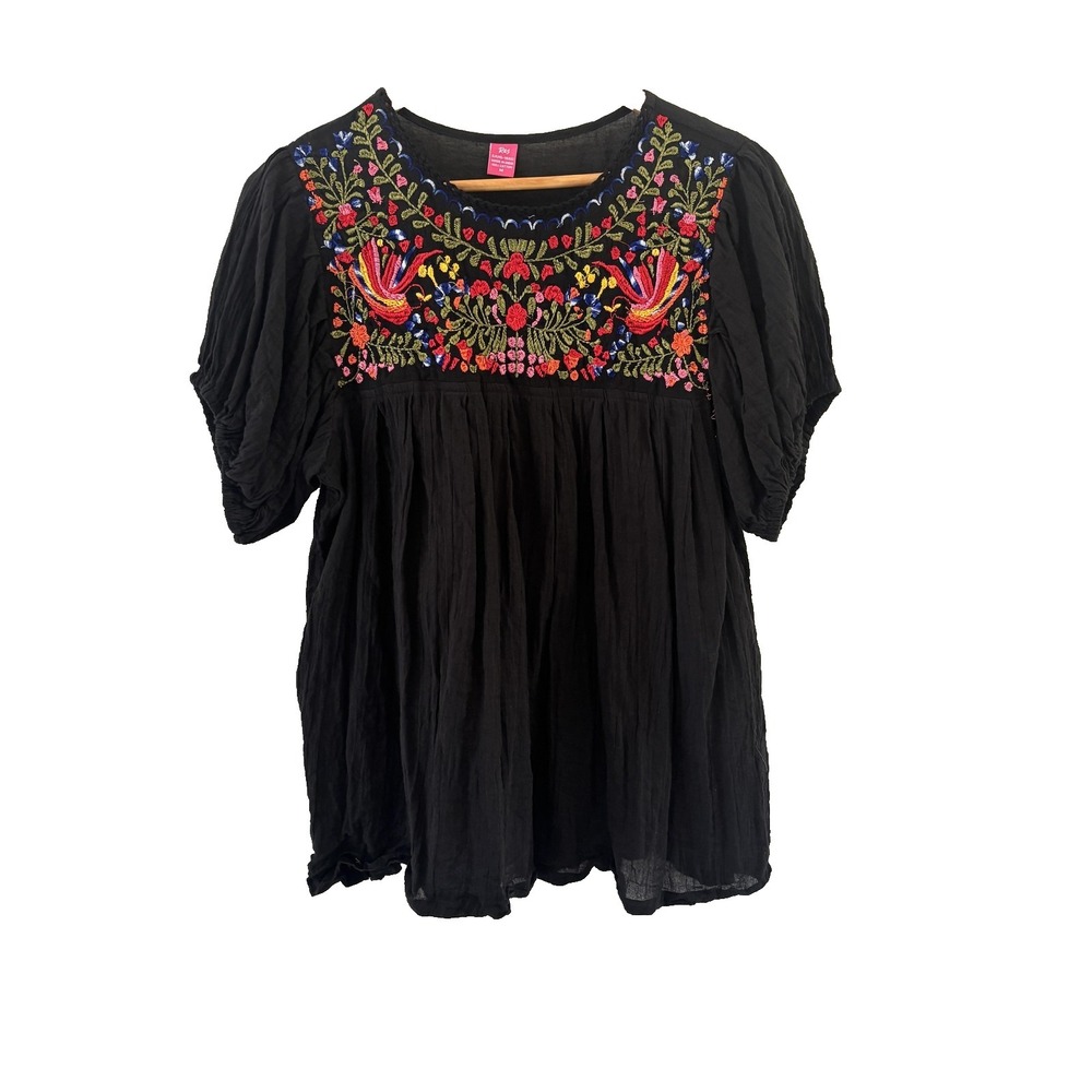 Raj Boho Embroidered Tunic Top Womens Size M Black Floral Peasant Festival